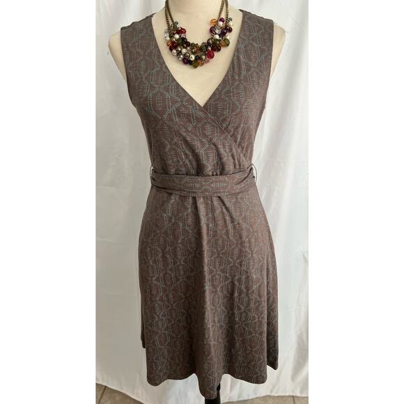 Toad & Co Brown and Blue V-Neck Sleeveless MIDI Wrap Dress Size Medium - Picture 1 of 9